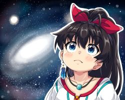 Rule 34 | 1girl, antenna hair, bad id, bad pixiv id, black hair, blue eyes, bow, collarbone, commentary request, earrings, fang, fang out, galaxy, ganaha hibiki, hair bow, high ponytail, highres, idolmaster, idolmaster (classic), jewelry, looking up, meme, necklace, outline, ponytail, single earring, solo, space, space cat (meme), star (sky), takezaka tarou, upper body, white outline