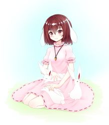 Rule 34 | 1girl, animal, animal ears, animal on lap, blue background, blush, brown eyes, brown hair, carrot necklace, closed eyes, dress, floppy ears, full body, hair between eyes, highres, inaba tewi, jewelry, necklace, on lap, petting, pink dress, puffy short sleeves, puffy sleeves, rabbit, rabbit ears, ribbon-trimmed dress, sh1 (shanghaidoll), short hair, short sleeves, sitting, smile, solo, touhou