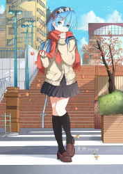 Rule 34 | 10s, 1girl, 2016, absurdres, adjusting scarf, aiqing, alternate costume, alternate hair length, alternate hairstyle, artist name, autumn, autumn leaves, black socks, black skirt, blue eyes, blue hair, brick wall, brown footwear, building, bush, buttons, city, cloud, cloudy sky, commentary request, contrapposto, dated, day, eyebrows, eyes visible through hair, fingernails, full body, hair ornament, hair over one eye, hair ribbon, head tilt, highres, holding, jacket, kneehighs, lamppost, legs together, loafers, long hair, long sleeves, looking at viewer, maid headdress, matching hair/eyes, outdoors, partially unbuttoned, pigeon-toed, pleated skirt, pocket, railing, re:zero kara hajimeru isekai seikatsu, red ribbon, red scarf, rem (re:zero), ribbon, scarf, scarf over mouth, school uniform, serafuku, shoes, skirt, sky, sleeves past wrists, socks, solo, stairs, standing, tree, x hair ornament