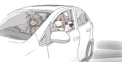Rule 34 | 2girls, blue eyes, cat, collared shirt, commentary request, dog, driving, grey hair, highres, korean commentary, love live!, love live! sunshine!!, medium hair, multiple girls, open mouth, parted lips, pito (sh02327), pug, red hair, sakurauchi riko, seatbelt, shirt, simple background, smile, watanabe you, white background