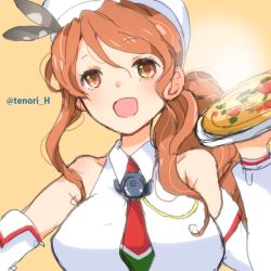 Rule 34 | 10s, 1girl, :d, bad id, bad twitter id, bare shoulders, breasts, brown eyes, brown hair, detached sleeves, female focus, food, kantai collection, large breasts, littorio (kancolle), long hair, long sleeves, maid headdress, necktie, open mouth, pizza, ponytail, smile, solo, tenori, twitter username, upper body, yellow background