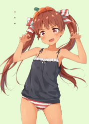 Rule 34 | ..., 1girl, :d, bare shoulders, blush, bow, breasts, brown eyes, brown hair, claw pose, collarbone, commentary request, dark-skinned female, dark skin, fang, frills, gluteal fold, hair bow, hair ribbon, halloween, hat, kantai collection, libeccio (kancolle), long hair, looking at viewer, no pants, open mouth, panties, pumpkin, ribbon, simple background, skirt, smile, solo, standing, striped clothes, striped panties, striped ribbon, suke (momijigari), sweatdrop, tan, twintails, underwear