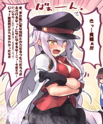 Rule 34 | 2girls, arm under breasts, black gloves, black headwear, black skirt, blouse, blush, breasts, brown hair, cheese (cheese koubou), cleavage, crossed arms, flying sweatdrops, fur hat, gangut (kancolle), gloves, grey hair, hair between eyes, hat, highres, jacket, jacket on shoulders, kantai collection, large breasts, long hair, multiple girls, nose blush, open mouth, papakha, red shirt, shirt, skirt, speech bubble, sweat, tashkent (kancolle), translation request, twitter username, upper body, watermark, yellow eyes