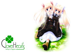 Rule 34 | 2girls, arm around shoulder, blonde hair, blue eyes, blue ribbon, brown dress, clover, clover (series), clover heart&#039;s, copyright name, dress, english text, four-leaf clover, frilled sleeves, frills, full body, grass, hair ribbon, hug, logo, long hair, looking at viewer, mikoshiba rea, mikoshiba rio, multiple girls, nimura yuuji, official art, official wallpaper, red ribbon, ribbon, saiga (company), siblings, sisters, sitting, twins, twintails, very long hair, wallpaper, white background