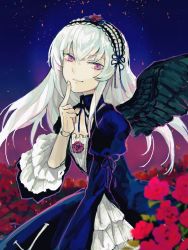 Rule 34 | 1girl, doll joints, dress, hairband, joints, kuroi nyan, long hair, red eyes, rozen maiden, silver hair, smile, solo, suigintou, wings