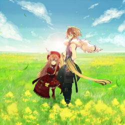 Rule 34 | 1boy, 1girl, animal, animal around neck, black pants, black shirt, blue eyes, blue sky, brown hair, closed mouth, cloud, commentary request, day, detached sleeves, dress, elbow gloves, field, flower, flower field, frilled dress, frills, full body, gloves, green eyes, green sleeves, hat feather, horizon, long hair, looking at viewer, looking to the side, meko bc, original, outdoors, pants, pantyhose, professor (ragnarok online), puffy short sleeves, puffy sleeves, ragnarok online, red dress, red gloves, red headwear, red pantyhose, shirt, short hair, short sleeves, sky, sleeveless, sleeveless shirt, smile, striped clothes, striped gloves, striped pantyhose, striped sleeves, sun, yellow flower, yellow sleeves