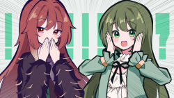 Rule 34 | !, !!, !?, 2girls, :o, absurdres, aketa mikoto, blush stickers, covering own mouth, emphasis lines, frilled shirt, frilled sleeves, frills, fur-trimmed jacket, fur trim, green hair, hand to own mouth, hands on own cheeks, hands on own face, highres, idol, idolmaster, idolmaster shiny colors, jacket, long hair, long sleeves, looking at viewer, multiple girls, nanakusa nichika, neck ribbon, own hands together, red hair, ribbon, shirt, sidelocks, simple background, smile, uhouhogorigori, very long hair