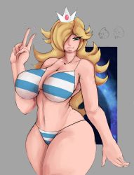 Rule 34 | 1girl, absurdres, bare arms, bare shoulders, bikini, blonde hair, blue eyes, breasts, closed mouth, collarbone, colorized, cowboy shot, crown, grey background, hair over one eye, highres, large breasts, long hair, looking at viewer, mario (series), navel, nintendo, rosalina, sketch, smoxul, solo, striped bikini, striped clothes, super mario galaxy, swimsuit, v, wide hips