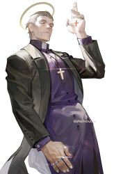 Rule 34 | 1boy, cross, cross necklace, cross tattoo, formal, grey hair, hair slicked back, halo, hand up, highres, jewelry, long sleeves, looking at viewer, male focus, necklace, original, redsakaone, ring, robe, short hair, simple background, standing, suit, white background