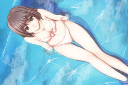 Rule 34 | 1girl, arm support, bad id, bad pixiv id, bikini, breasts, brown eyes, brown hair, cleavage, cloud, day, dutch angle, eyebrows hidden by hair, female focus, from above, front-tie top, highres, legs, looking up, medium breasts, original, reflection, ryoku, short hair, sitting, smile, solo, submerged, swimsuit, thigh gap, water, white bikini