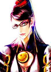 Rule 34 | 1girl, bad id, bad pixiv id, bayonetta, bayonetta (series), bayonetta 1, black-framed eyewear, black hair, blue eyes, bodysuit, chain, chain-link fence, cleavage cutout, clothing cutout, earrings, eyeshadow, fence, glasses, hair ribbon, heart, jewelry, lipstick, looking at viewer, looking back, makeup, mole, mole under mouth, red ribbon, ribbon, seitsuji, simple background, smile, solo, upper body