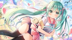 Rule 34 | 1girl, backpack, bag, black one-piece swimsuit, black thighhighs, blue flower, blurry, blurry background, blush, bow, breasts, bubble, closed mouth, commentary request, day, depth of field, dutch angle, flower, green eyes, green hair, hair between eyes, hair bow, hanamiya natsuka, hatsune miku, head tilt, heart, holding, holding umbrella, long hair, looking at viewer, old school swimsuit, one-piece swimsuit, outdoors, petals, pink bow, pink flower, pink sailor collar, pink skirt, pleated skirt, sailor collar, school swimsuit, school uniform, serafuku, shirt, short sleeves, skirt, small breasts, smile, solo, swimsuit, swimsuit under clothes, thighhighs, transparent, transparent umbrella, twintails, umbrella, very long hair, vocaloid, white shirt