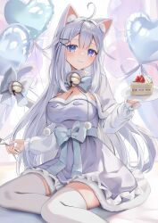 Rule 34 | 1girl, absurdres, animal ears, balloon, bell, blue dress, blue eyes, blue ribbon, blush, braid, breasts, cake, cape, cat ears, cat tail, cleavage, dress, food, fuyoyo, grey hair, hair ornament, hairpin, heart, heart balloon, highres, large breasts, long hair, original, plate, ribbon, smile, solo, tail, thighhighs