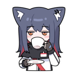 Rule 34 | 1girl, animal ears, arknights, black gloves, black hair, blush stickers, brown eyes, chibi, cup, drinking, ear piercing, fingerless gloves, gloves, holding, holding cup, holding saucer, huang qing ye, id card, jacket, jitome, lowres, piercing, red hair, saucer, simple background, solo, texas (arknights), white background, white jacket, wolf ears, wolf girl