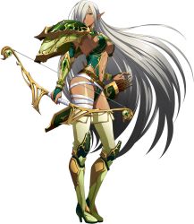 Rule 34 | 1girl, alustriel (langrisser), boots, bow, bow (weapon), center opening, dark-skinned female, dark skin, full body, hair over one eye, high heels, highres, holding, holding bow (weapon), holding weapon, langrisser, long hair, navel, official art, pointy ears, quiver, silver hair, simple background, solo, standing, thigh boots, thighhighs, very long hair, weapon, white background
