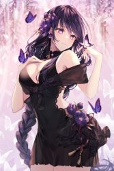 Rule 34 | 1girl, arched back, bell, black dress, black hair, black ribbon, blurry, blurry background, braid, breast press, breasts, bug, butterfly, butterfly hair ornament, cleavage, dress, flower, gem, genshin impact, grass, hair between eyes, hair flower, hair ornament, hair ribbon, hand up, highres, insect, jewelry, large breasts, long hair, looking at another, looking down, looking to the side, low-braided long hair, low-tied long hair, miniskirt, neck bell, pink background, pink butterfly, purple butterfly, purple eyes, purple flower, purple hair, purple ribbon, raiden shogun, ribbon, simple background, skirt, sleeveless, sleeveless dress, solo, taya oco, very long hair
