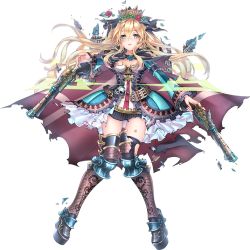 Rule 34 | 1girl, artist request, black ribbon, blonde hair, blue dress, blue eyes, blush, boots, capelet, castle, crown, dress, dual wielding, flower, full body, gun, hair between eyes, hair flower, hair ornament, hair ribbon, high ponytail, holding, holding gun, holding weapon, kronborg (oshiro project), long hair, looking at viewer, official art, oshiro project:re, oshiro project:re, platform boots, platform footwear, ribbon, solo, thigh boots, thighhighs, torn clothes, torn dress, transparent background, very long hair, weapon