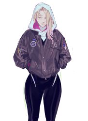 Rule 34 | 1girl, black bodysuit, blonde hair, blue eyes, bodysuit, brown jacket, buttons, cbb (tuucoo), closed mouth, gwen stacy, hair over one eye, hands in pockets, highres, hood, hooded bodysuit, jacket, lips, long sleeves, looking at viewer, marvel, medium hair, multicolored bodysuit, multicolored clothes, multicolored hair, pink bodysuit, pink hair, pocket, puffy long sleeves, puffy sleeves, simple background, smile, solo, spider-gwen, spider-man: into the spider-verse, spider-man (series), spider-verse, spider web print, standing, two-tone hair, white background, white bodysuit