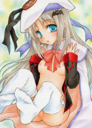 Rule 34 | 1girl, aoi yuuka (ao no kokoro), blonde hair, blue eyes, blush, bottomless, bow, breasts, cape, fang, feet, hair ornament, hairclip, hat, little busters!, long hair, nipples, no bra, no panties, noumi kudryavka, open clothes, open mouth, open shirt, pink bow, pussy juice, shirt, sitting, small breasts, solo, thighhighs, white thighhighs