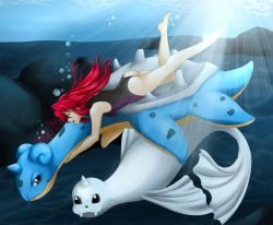 Rule 34 | 1girl, alternate hair color, artist request, ass, bare arms, bare legs, bare shoulders, barefoot, blue eyes, breasts, breath, bubble, creatures (company), dewgong, diving, elite four, fangs, game freak, gen 1 pokemon, hair down, lapras, large breasts, legs, long hair, lorelei (pokemon), nintendo, ocean, one-piece swimsuit, open mouth, pokemon, pokemon (creature), pokemon frlg, red hair, seafloor, smile, stone, sunlight, swimming, swimsuit, underwater