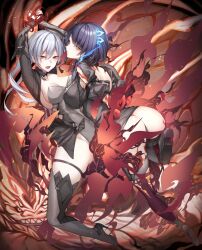 Rule 34 | 2girls, alice (sinoalice), ass, blue hair, blush, boots, bound, bound arms, breasts, closed mouth, fire, gloves, hair ornament, half-nightmare, high heels, highres, large breasts, legband, leotard, lion, long hair, looking at viewer, looking to the side, medium breasts, multiple girls, open mouth, orange eyes, panties, ponytail, sinoalice, snow white (sinoalice), spirit, tattoo, teroru, thigh boots, thighhighs, underwear, white hair, yuri