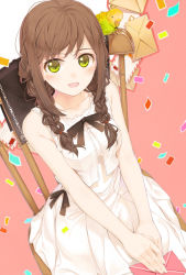 Rule 34 | 1girl, :d, amamiya chiharu, bird, blush, braid, brown hair, chair, confetti, dress, envelope, green eyes, holding, letter, long hair, looking at viewer, open mouth, original, parrot, pink background, sidelocks, simple background, sitting, smile, solo, twin braids, white dress