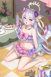 Rule 34 | 1girl, absurdres, angel wings, azusa (blue archive), azusa (swimsuit) (blue archive), bead necklace, beads, bikini, bikini skirt, blue archive, blush, bow on wing, breasts, cherng, crescent halo, feathered wings, flower, food, food-themed hair ornament, frilled bikini, frills, hair ornament, halo, highres, holding, holding food, holding popsicle, jewelry, long hair, looking at viewer, make-up work club (blue archive), multicolored bikini, multicolored clothes, navel, necklace, open mouth, orange hair ornament, orange print, popsicle, purple eyes, purple flower, ribbon-trimmed swimsuit, ribbon trim, sitting, small breasts, solo, stomach, strapless, strapless bikini, swimsuit, wariza, watermelon hair ornament, white hair, white wings, wings, yellow halo