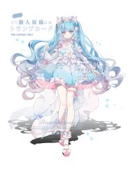 Rule 34 | 1girl, absurdres, animal ears, ankle cuffs, anqing, belt, blue dress, blue hair, braid, cat ears, crown braid, curly hair, dress, full body, highres, long hair, mary janes, off shoulder, original, pink eyes, pink footwear, shoes, smile, solo, thigh belt, thigh strap, very long hair, watermark, white background