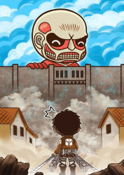Rule 34 | 2boys, ^^^, ^ ^, angry, back, belt, black sclera, blade, boots, brown hair, chibi, closed eyes, cloud, colored sclera, colossal titan, day, dual wielding, eren yeager, closed eyes, fire, fire, from behind, happy, holding, house, jacket, multiple boys, parody, rubble, shingeki no kyojin, short hair, sky, smile, smoke, surprised, three-dimensional maneuver gear, titan (shingeki no kyojin), uniform, wall, weapon, windgun