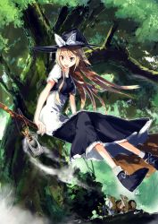 Rule 34 | 1girl, apron, bad id, bad pixiv id, black dress, blonde hair, bow, broom, broom riding, brown eyes, dress, flying, forest, hat, hat bow, highres, kirisame marisa, lantern, long hair, nature, open mouth, puffy sleeves, shirt, short sleeves, smile, solo, squirrel, tetsurou (fe+), touhou, witch hat