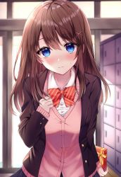 Rule 34 | 1girl, absurdres, black jacket, blue eyes, blush, bow, bowtie, brown hair, commentary request, gift, hair ornament, highres, holding, holding gift, indoors, jacket, long hair, long sleeves, original, parum39, red bow, school, shirt, solo, striped bow, striped bowtie, striped clothes, valentine, white shirt, x hair ornament