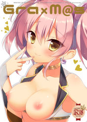 Rule 34 | 10s, 1girl, bare shoulders, blush, breasts, breasts out, buckle, choker, closed mouth, commentary request, content rating, cover, crop top, crossover, dot nose, earrings, english text, eyelashes, eyes visible through hair, fanbook, fang, fingernails, granblue fantasy, hair between eyes, hand up, heart, heart earrings, idolmaster, idolmaster cinderella girls, jewelry, jougasaki mika, lips, long hair, looking at viewer, medium breasts, midriff, nail polish, nipples, parted bangs, pink hair, pink nails, raised eyebrows, sazaki ichiri, shiny skin, short twintails, simple background, sleeveless, smile, solo, star (symbol), title, twintails, upper body, v, white background, yellow choker, yellow eyes