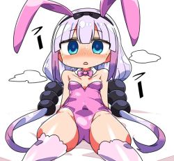 Rule 34 | 1girl, animal ears, blunt bangs, blush, bow, bowtie, breasts, commentary request, covered navel, detached sleeves, fake animal ears, gradient hair, hairband, heavy breathing, kanikama, kanna kamui, kobayashi-san chi no maidragon, leotard, long hair, looking at viewer, low twintails, lying, multicolored hair, nose blush, on back, parted lips, pink leotard, playboy bunny, purple bow, purple bowtie, purple hair, purple leotard, purple thighhighs, rabbit ears, simple background, skindentation, small breasts, solo, sweat, thighhighs, triangle mouth, twintails, very long hair, white background