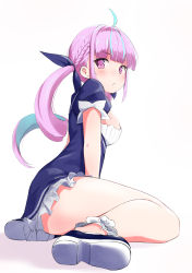 Rule 34 | 1girl, absurdres, ankle scrunchie, bare legs, blue dress, blue footwear, blue hair, blue ribbon, blunt bangs, blush, braid, breasts, closed mouth, colored inner hair, commentary request, dress, drill hair, french braid, from side, full body, hair ribbon, highres, hololive, komasi, leaning to the side, legs, long hair, looking at viewer, looking to the side, medium breasts, minato aqua, minato aqua (1st costume), multicolored hair, puffy short sleeves, puffy sleeves, purple eyes, purple hair, ribbon, scrunchie, shoes, short sleeves, simple background, sitting, solo, streaked hair, twin drills, two-tone hair, virtual youtuber, white background, white scrunchie, yokozuwari