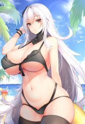 Rule 34 | 1girl, absurdres, azur lane, bare shoulders, beach, bikini, bird, black bikini, blue sky, bracelet, breasts, chixiao, closed mouth, cloud, commentary request, crossed bangs, day, detached collar, drink, glass, graf zeppelin (azur lane), hair between eyes, highres, huge breasts, innertube, jewelry, lens flare, long hair, looking at viewer, ocean, outdoors, palm tree, pout, red eyes, silver hair, sky, solo, swim ring, swimsuit, table, thighhighs, tree, underboob, very long hair, water, water drop, waves, wet