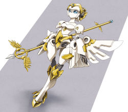 Rule 34 | 1girl, bttfghn, holding, holding staff, looking up, mecha, mechanical wings, mini wings, open hand, original, robot, solo, staff, standing, white background, wings