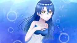 Rule 34 | 1girl, artist name, artist request, bare shoulders, blue dress, blue hair, blush, breasts, cleavage, collarbone, dress, female focus, hair between eyes, highres, long hair, looking at viewer, love live!, love live! school idol project, ocean, parted lips, seafloor, skirt, small breasts, smile, solo, sonoda umi, striped clothes, striped dress, underwater, upper body, vertical-striped clothes, vertical-striped dress, white skirt, yellow eyes