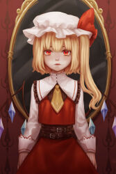 Rule 34 | 1girl, absurdres, adapted costume, ascot, blonde hair, closed mouth, collared shirt, cowboy shot, crystal, flandre scarlet, frilled shirt collar, frills, full of energy, hat, highres, jewelry, long hair, long sleeves, looking at viewer, making-of available, mirror, mob cap, multicolored wings, one side up, red eyes, red skirt, red vest, ring, shirt, skirt, skirt set, solo, touhou, vest, white hat, white shirt, wings, yellow ascot
