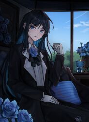 Rule 34 | 1girl, ado (utaite), black bow, black bowtie, black coat, black hair, black pants, blue eyes, blue flower, blue hair, blue rose, bow, bowtie, chando (ado), closed mouth, cloud nine inc, coat, collared shirt, colored inner hair, commentary, couch, dress shirt, flower, flower brooch, gloves, highres, indoors, long sleeves, ludexvel138, mole, mole under eye, multicolored hair, open clothes, open coat, pants, pillow, rose, shirt, sidelocks, signature, sitting, solo, stuffed animal, stuffed cat, stuffed toy, two-tone hair, utaite, vase, white gloves, white shirt, window
