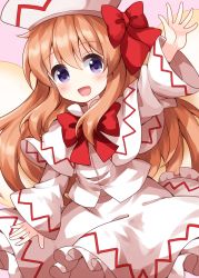 Rule 34 | 1girl, bow, bowtie, capelet, cowboy shot, dress, fairy wings, frilled dress, frills, hair between eyes, hat, hat bow, highres, lily white, long hair, long sleeves, looking at viewer, open mouth, orange hair, patterned clothing, pink background, purple eyes, red bow, red bowtie, ruu (tksymkw), simple background, smile, solo, standing, touhou, white capelet, white dress, white hat, wide sleeves, wings, yellow wings