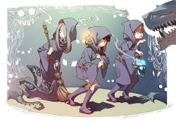 Rule 34 | 10s, 3girls, belt, boots, broom, brown hair, dress, fantasy, freckles, glasses, hood, kagari atsuko, knee boots, lantern, little witch academia, lotte jansson, multiple girls, official art, open mouth, orange hair, robe, short hair, skirt, sucy manbavaran, trigger (company), wand, wide sleeves, witch, yoshinari you