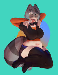 Rule 34 | 1girl, animal ears, belly, breasts, closed eyes, eathanontitan, fangs, grey hair, highres, indie virtual youtuber, large breasts, midriff, open mouth, plump, raccoon ears, raccoon girl, raccoon tail, shoes, smile, snuffy (vtuber), solo, tail, thick thighs, thighhighs, thighs, tongue, tongue out, virtual youtuber