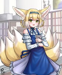 Rule 34 | 1girl, :d, absurdres, alternate costume, animal ear fluff, animal ears, apron, arknights, bare shoulders, blonde hair, blue apron, blue hairband, blue ribbon, blue skirt, book, braid, commentary, english commentary, fox ears, fox girl, fox tail, frilled skirt, frilled sleeves, frills, hair rings, hairband, highres, hugging object, kitsune, long sleeves, looking at viewer, multicolored hair, neck ribbon, open mouth, ribbon, rylaera, shirt, signature, skirt, sleeves past wrists, smile, solo, suzuran (arknights), tail, twin braids, two-tone hair, white hair, white shirt