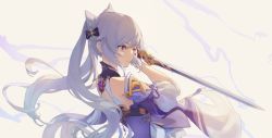 Rule 34 | 1girl, bare shoulders, black bow, bow, closed mouth, cone hair bun, detached sleeves, from side, genshin impact, hair bow, hair bun, hair ornament, highres, holding, holding sword, holding weapon, keqing (genshin impact), long hair, purple eyes, purple hair, shuang ye, simple background, solo, standing, sword, v-shaped eyebrows, vision (genshin impact), weapon