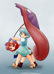 Rule 34 | 2girls, :d, ankle boots, bent over, blue background, blue eyes, blue hair, blue skirt, blue vest, boots, bow, brown footwear, cape, chibi, commentary request, expressionless, from side, geta, hair bow, heterochromia, highres, holding, holding umbrella, karakasa obake, long tongue, looking at viewer, multiple girls, open mouth, puffy short sleeves, puffy sleeves, rain, red cape, red eyes, red hair, red skirt, sekibanki, short hair, short sleeves, simple background, skirt, smile, tatara kogasa, tongue, touhou, umbrella, vest, walking, yukimuro