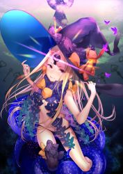 Rule 34 | abigail williams (fate), abigail williams (second ascension) (fate), black bow, black dress, black panties, black thighhighs, blonde hair, bow, bow legwear, bug, butterfly, dress, fate/grand order, fate (series), from above, full body, glowing, glowing eye, hand on headwear, hat, hat bow, highres, insect, key, keyhole, long hair, looking at viewer, mary janes, navel, orange bow, panties, pixiv fate/grand order contest 2, purple eyes, purple hat, revealing clothes, shadow, shoes, single thighhigh, sitting, skull print, solo, star (symbol), star print, stuffed animal, stuffed toy, tautiki, teddy bear, tentacles, thighhighs, third eye, underwear, very long hair, witch hat