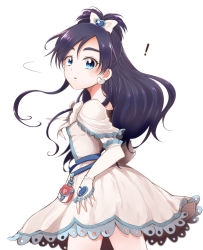 Rule 34 | !, 1girl, absurdres, blue eyes, blue hair, bow, commentary request, cure white, detached sleeves, dress, earrings, eyelashes, frilled dress, frills, futari wa precure, hair bow, hair ornament, hair ribbon, half updo, heart, heart earrings, heart hair ornament, highres, jewelry, looking at viewer, magical girl, ponytail, precure, ribbon, sasano-01, simple background, solo, standing, turning around, white background, white bow, white dress, yukishiro honoka