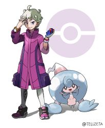Rule 34 | 1boy, ahoge, artist name, bede (pokemon), blonde hair, closed mouth, coat, commentary request, creatures (company), curly hair, full body, game freak, gen 8 pokemon, gloves, hand up, hattrem, highres, holding, holding poke ball, looking at viewer, nintendo, poke ball, poke ball (basic), poke ball symbol, pokemon, pokemon (creature), pokemon swsh, popped collar, purple coat, purple eyes, shoes, short hair, single glove, size difference, smile, standing, tellzeta, watermark, white background, wristband