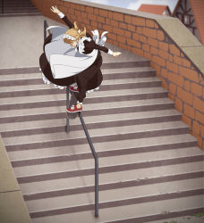 Rule 34 | 1girl, black dress, commentary, day, dress, long hair, long sleeves, low twintails, maid, maid headdress, original, outdoors, pinafore dress, railing, red footwear, shoes, skateboard, sleeveless dress, sneakers, solo, stairs, suzushiro (suzushiro333), twintails