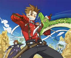 Rule 34 | 00s, brown hair, genius sage, kratos aurion, lloyd irving, male focus, red hair, short hair, sio vanilla, snake, sword, tales of (series), tales of symphonia, translation request, weapon